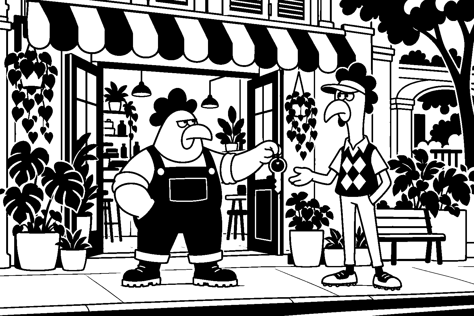 Black-and-white rounded illustration of a stocky chicken offering a key to a lanky cap-wearing chicken outside a leafy neighborhood shophouse.
