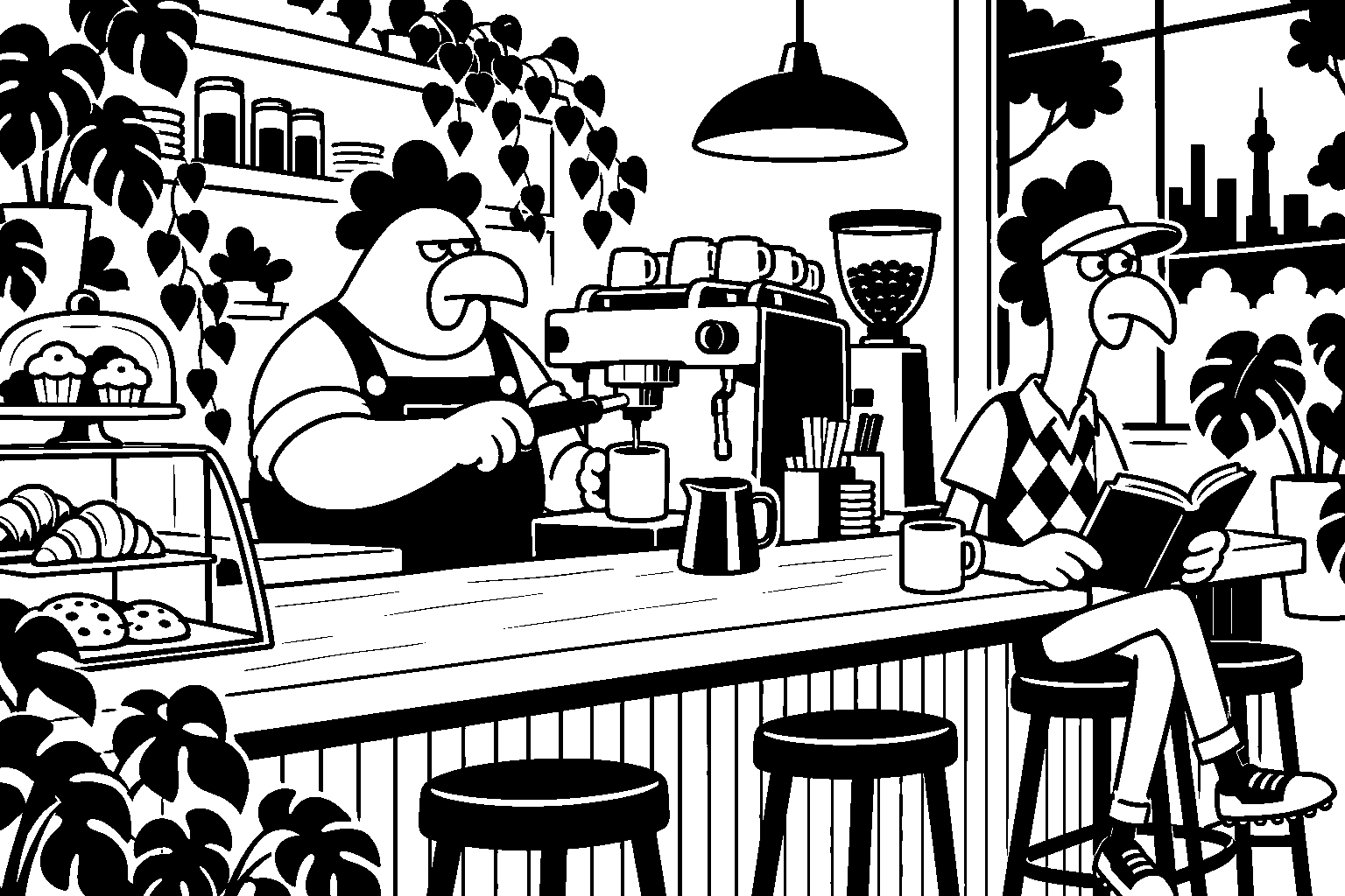 Black-and-white rounded illustration of a chicken barista brewing coffee and a cap-wearing chicken reading a book at a leafy espresso counter.