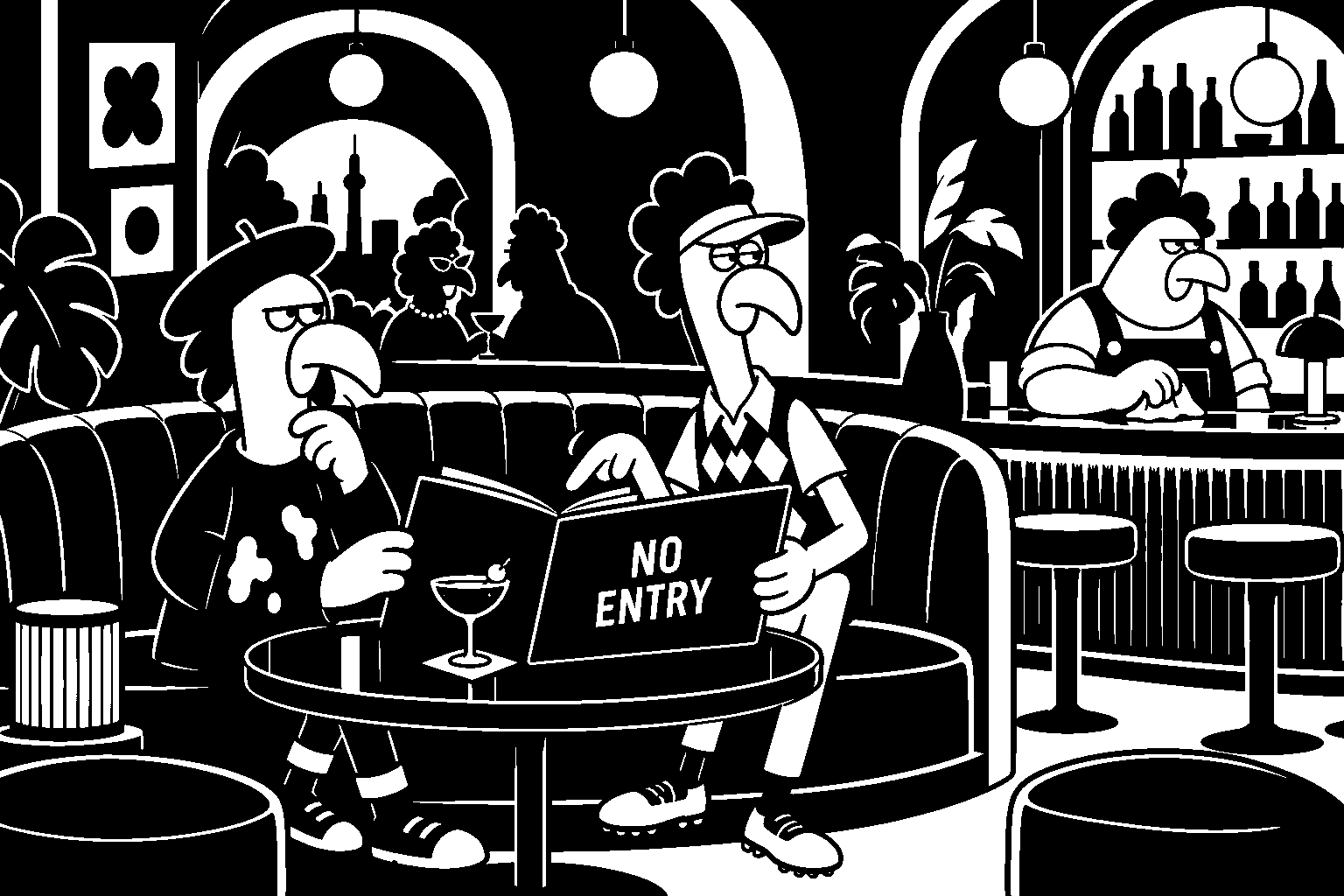 Black-and-white rounded illustration of chicken guests reading a No Entry menu in a curved cocktail-club booth, with a chicken bartender behind the bar.