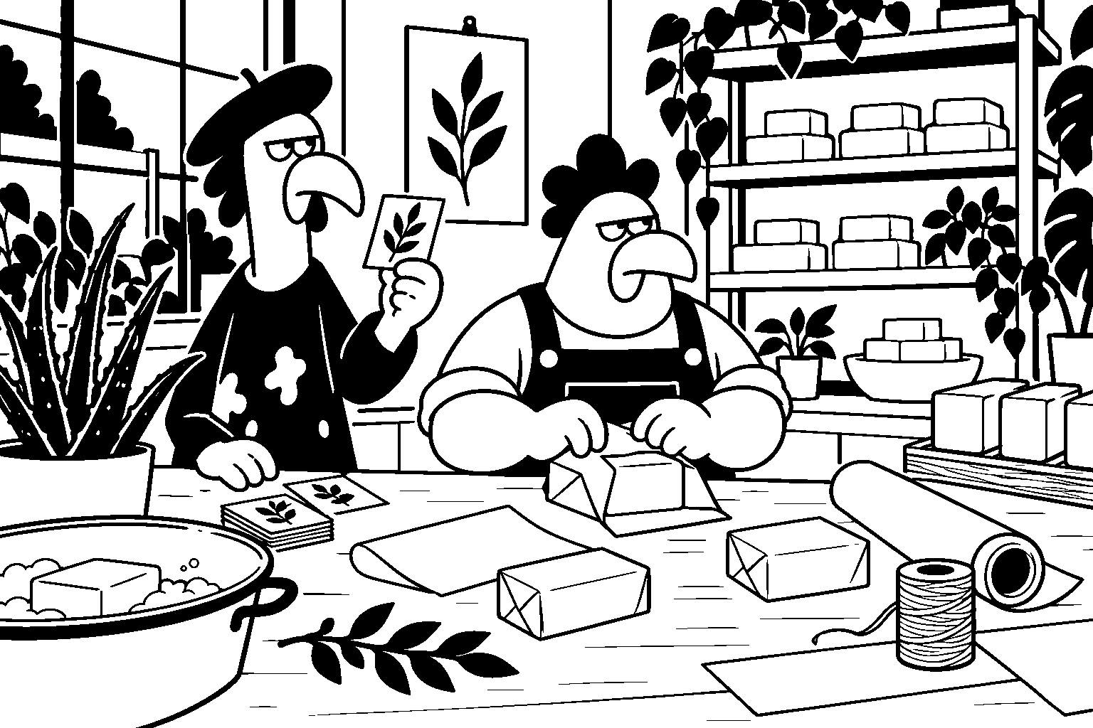 Black-and-white rounded illustration of a stocky chicken wrapping soap and an artist chicken checking a botanical label in a leafy workshop.