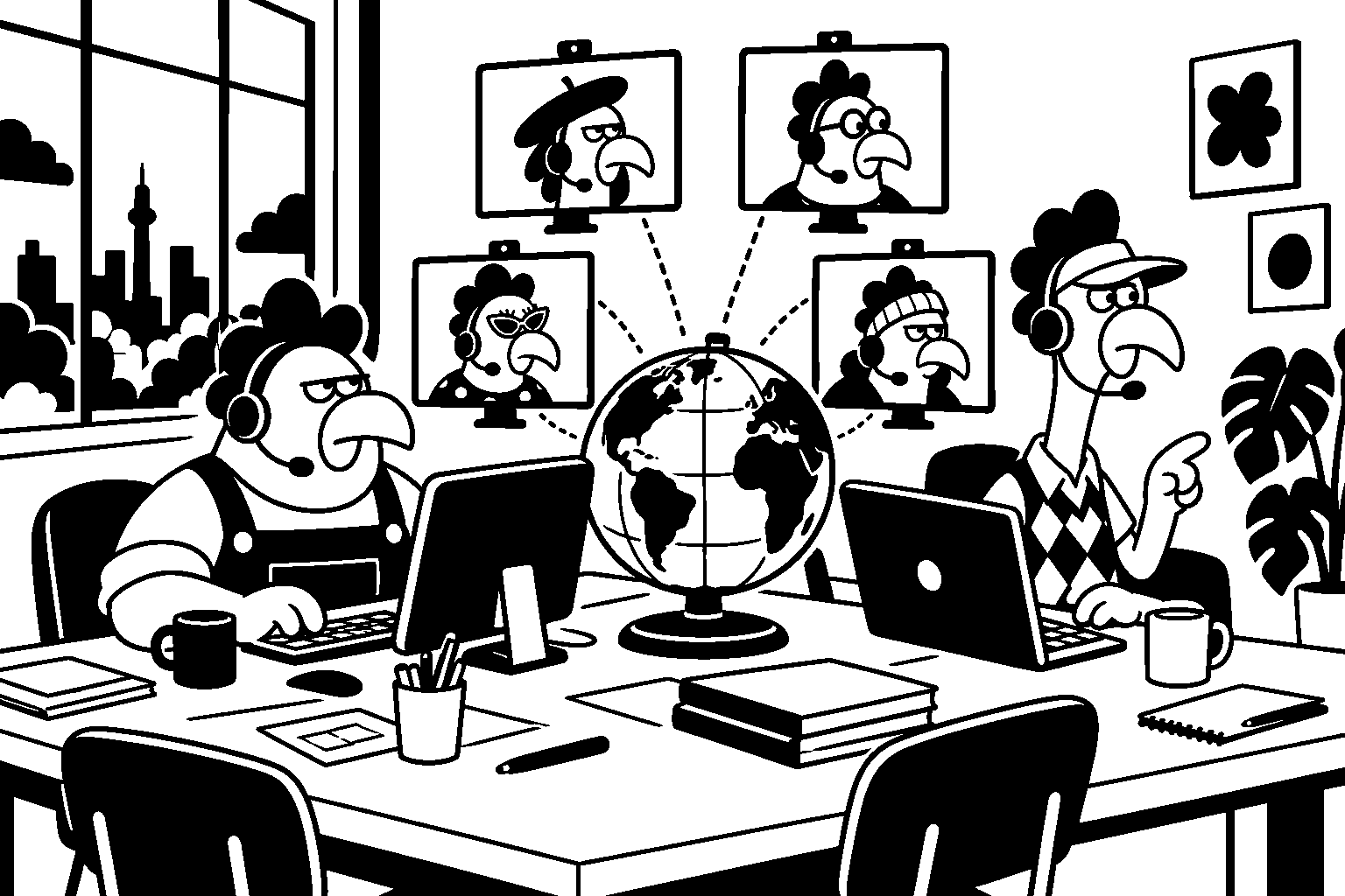 Black-and-white rounded illustration of two chicken colleagues wearing headsets at a global-support desk, with a globe and linked chicken portrait screens.