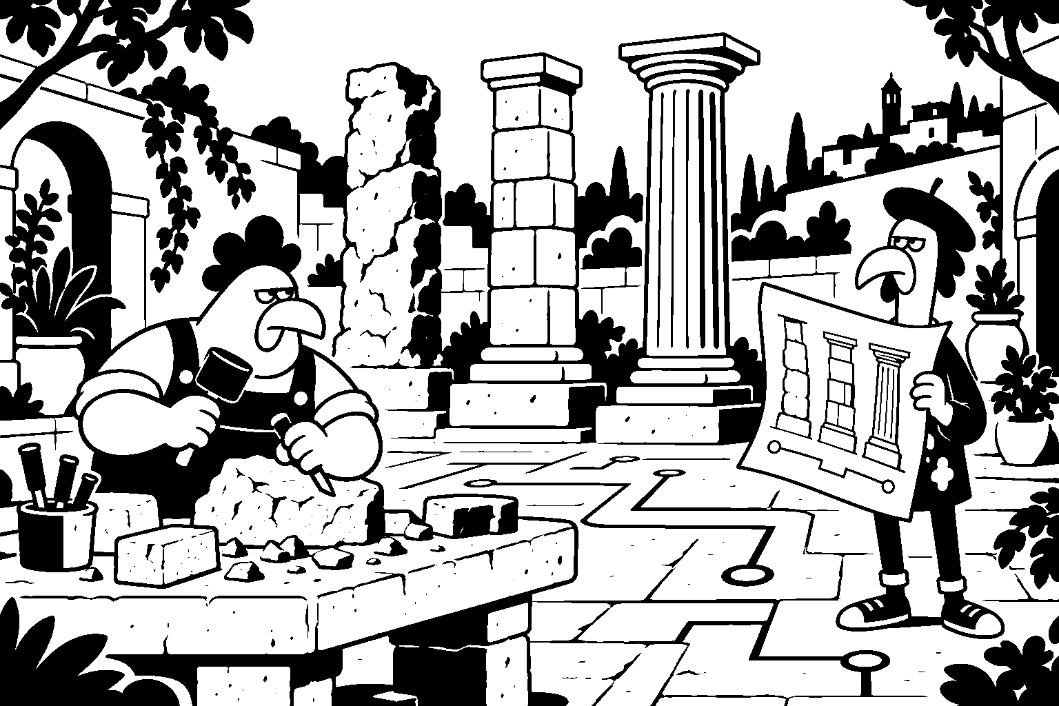Black-and-white rounded illustration of chickens shaping stone and checking a drawing beside three courtyard columns and circuit-like paving.