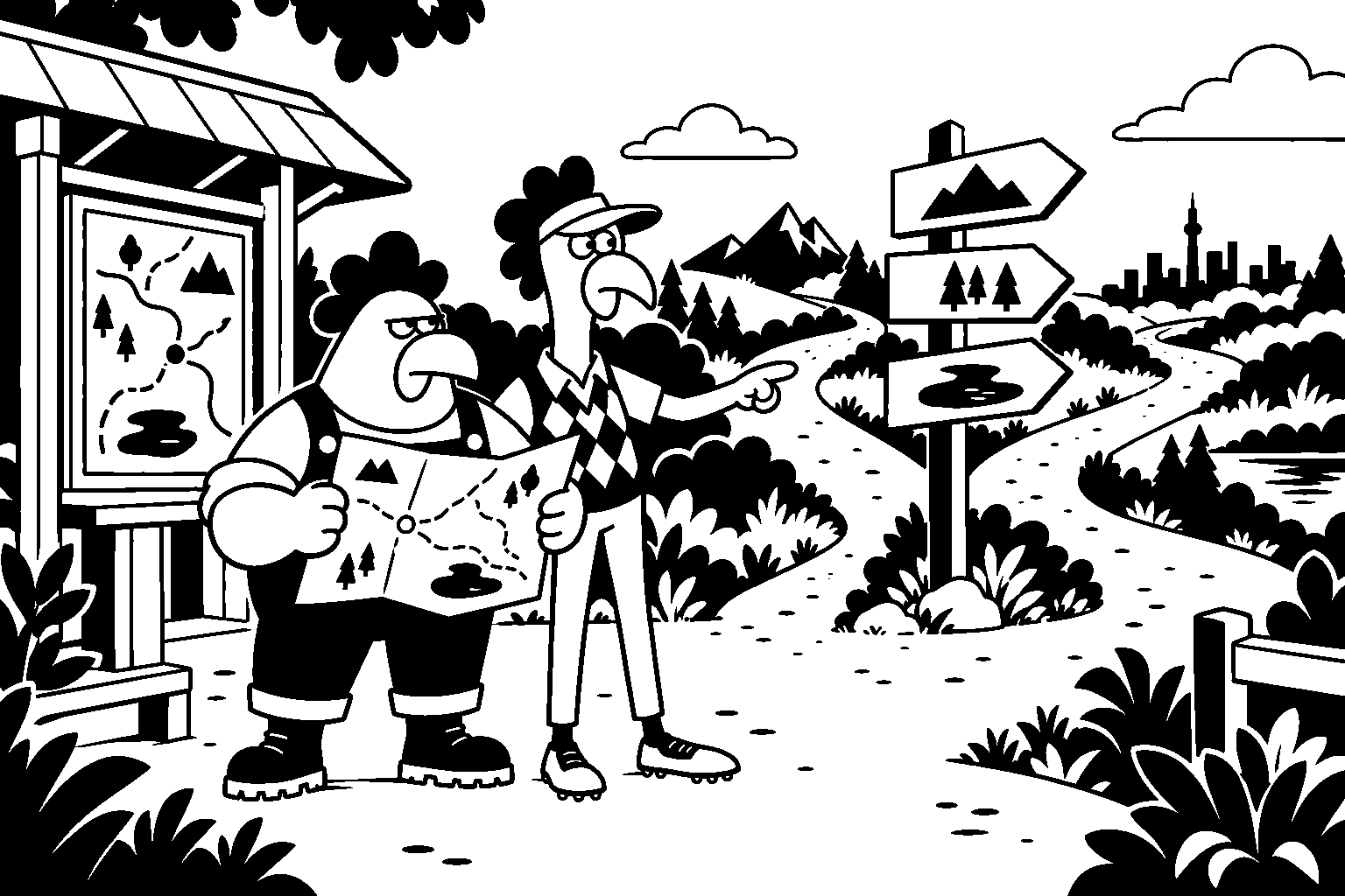 Black-and-white rounded illustration of two chickens holding a map and choosing among three branching paths at a wayfinding station.