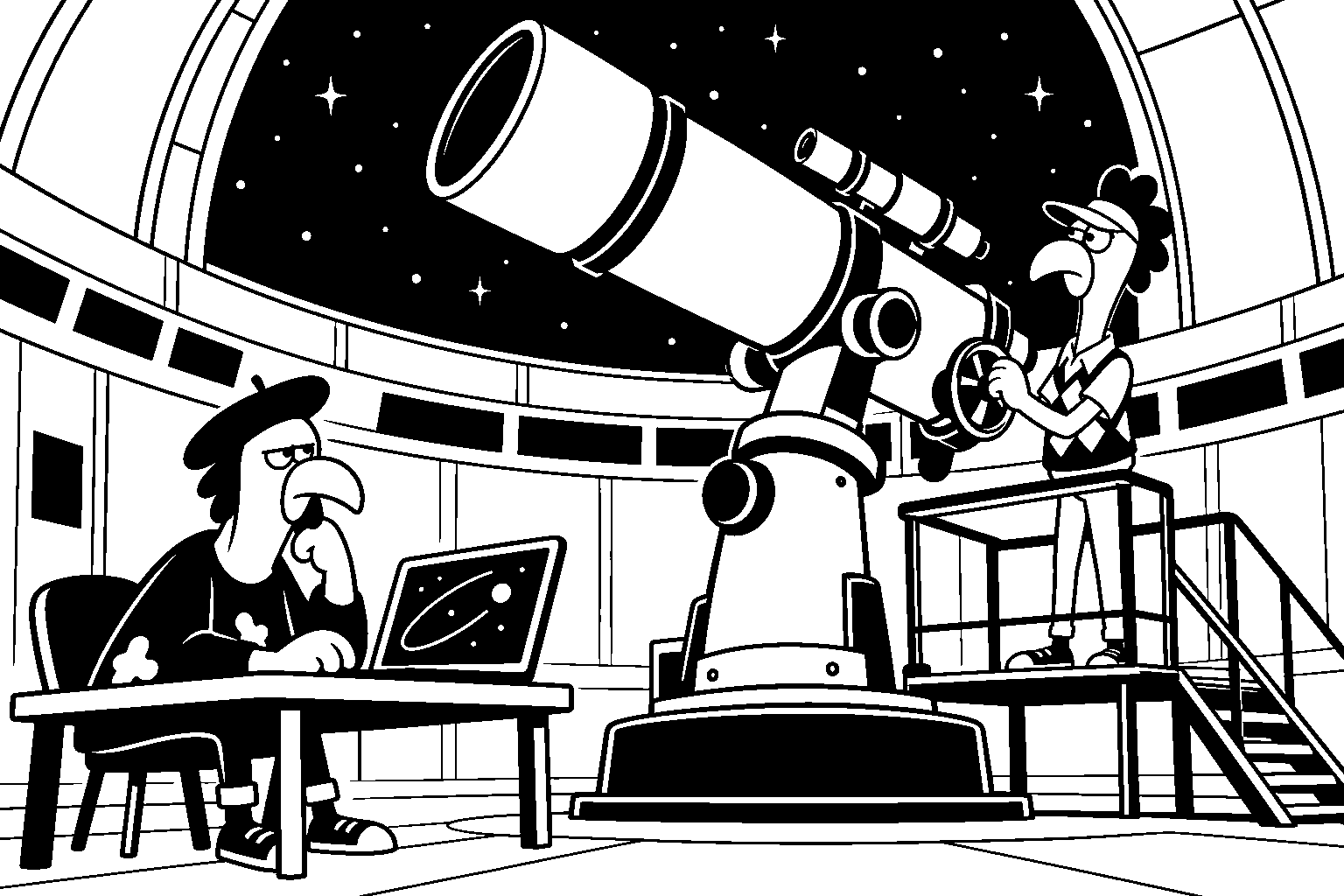 Black-and-white rounded illustration of chickens operating a giant telescope and studying a small screen beneath an open observatory dome.